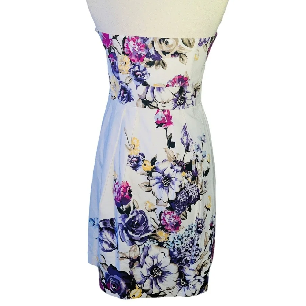 White House Black Market Floral Strapless Dress Purple Pink Cotton Pockets 8 A6